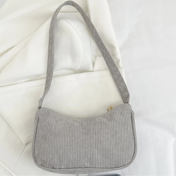 Corduroy Shoulder Bag in Light Grey | Gray Crescent Moon Everyday Purse NWT - Picture 6 of 6